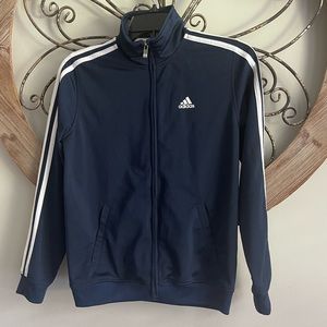 adidas Long Sleeve Jacket, Youth, Navy Blue, 3 Arm Stripes, Front Zip